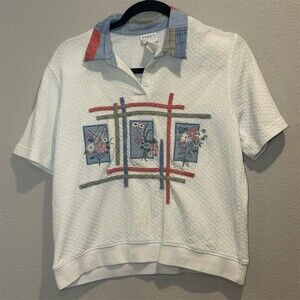 Vintage Koret Polo Shirt Womens M White embroidered Floral patchwork Collar